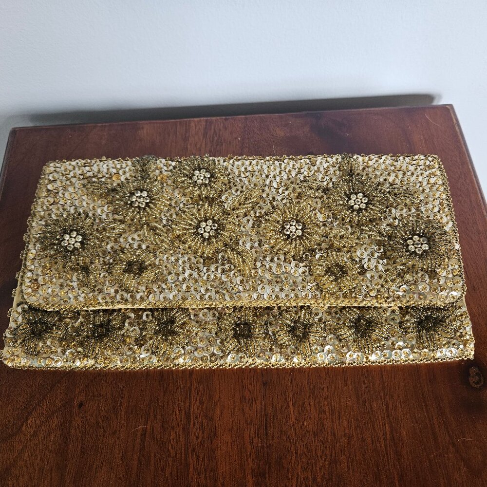 Vintage 1960s Gold Beaded Clutch, Hand Made in Hong Kong, Beautiful!